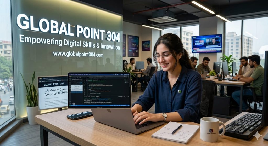 A professional workspace showing a person working on a laptop with Global Point 304 branding, representing IT skills and online earning in Pakistan