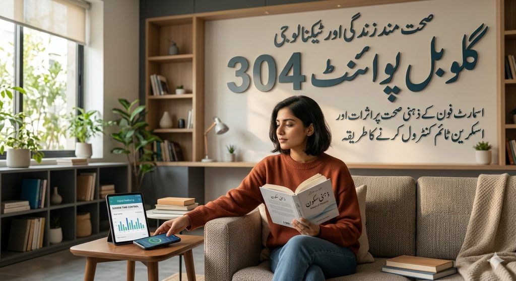 A young woman in a cozy, modern living room sits on a sofa, reading an open Urdu book titled "ذهنی سکون" while adjusting her digital wellbeing on a tablet showing "SCREEN TIME CONTROL." Large text on the wall in the background reads "گلوبل پوائنٹ 304" and "صحت مند زندگی اور ٹیکنالوجی."Mental Health
