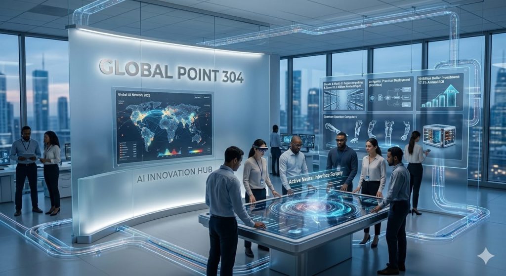 ai-revolution-2026 Digital AI Innovation Hub showing futuristic technology and global networking with Global Point 304 branding, 2026 AI Revolution.