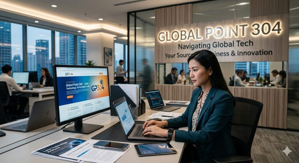 A professional female technology analyst working at her desk inside Global Point 304 office, researching Lens Technology success story.