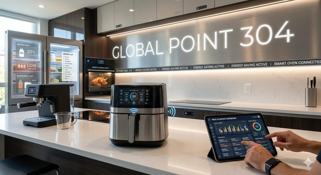 A futuristic smart kitchen featuring an AI air fryer, smart refrigerator, and a digital meal planning tablet with 'Global Point 304' branding in the background.
