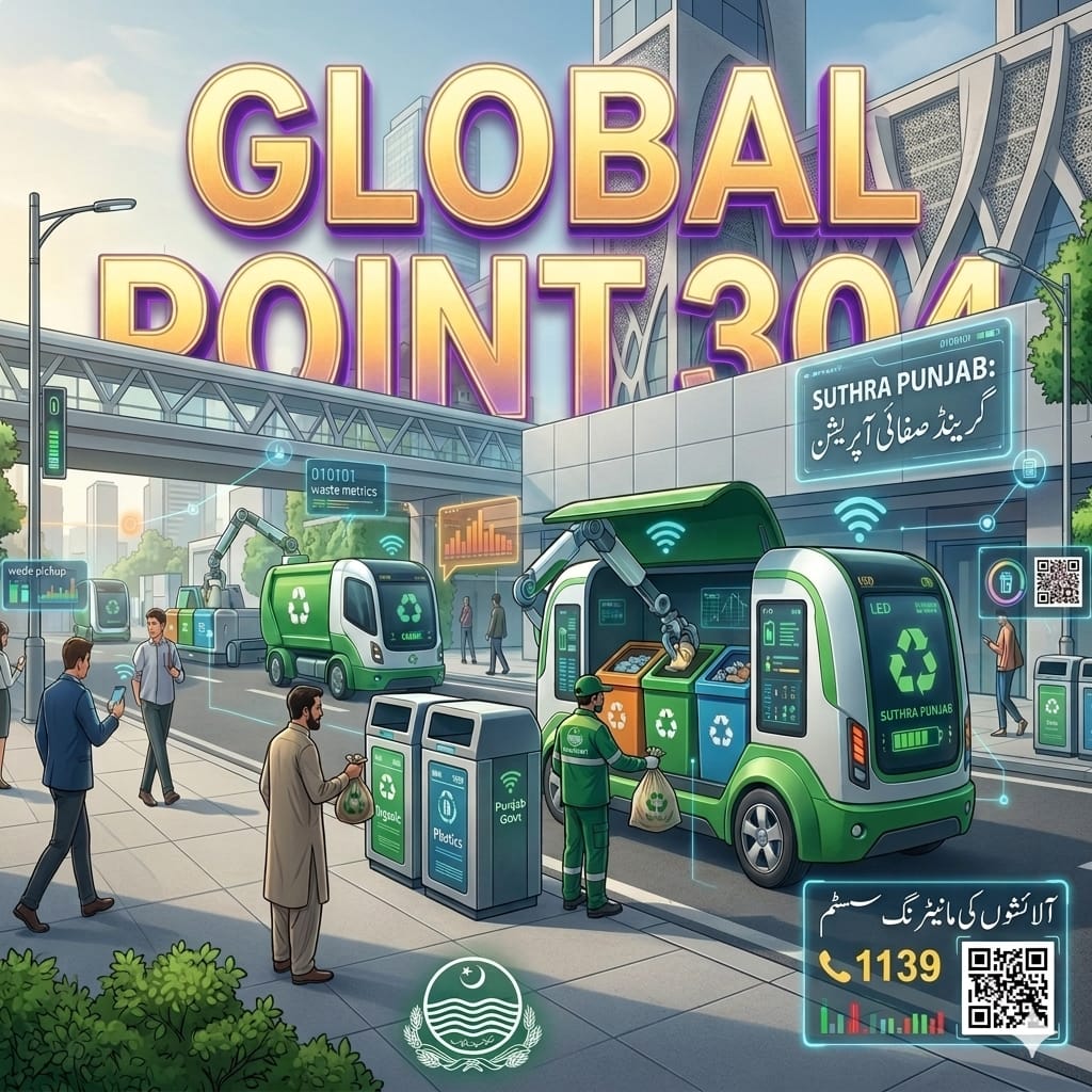 A high-definition smart waste management banner for the website Global Point 304, featuring advanced Suthra Punjab Program vehicles collecting waste during Eid-ul-Adha in a clean Pakistani city environment.