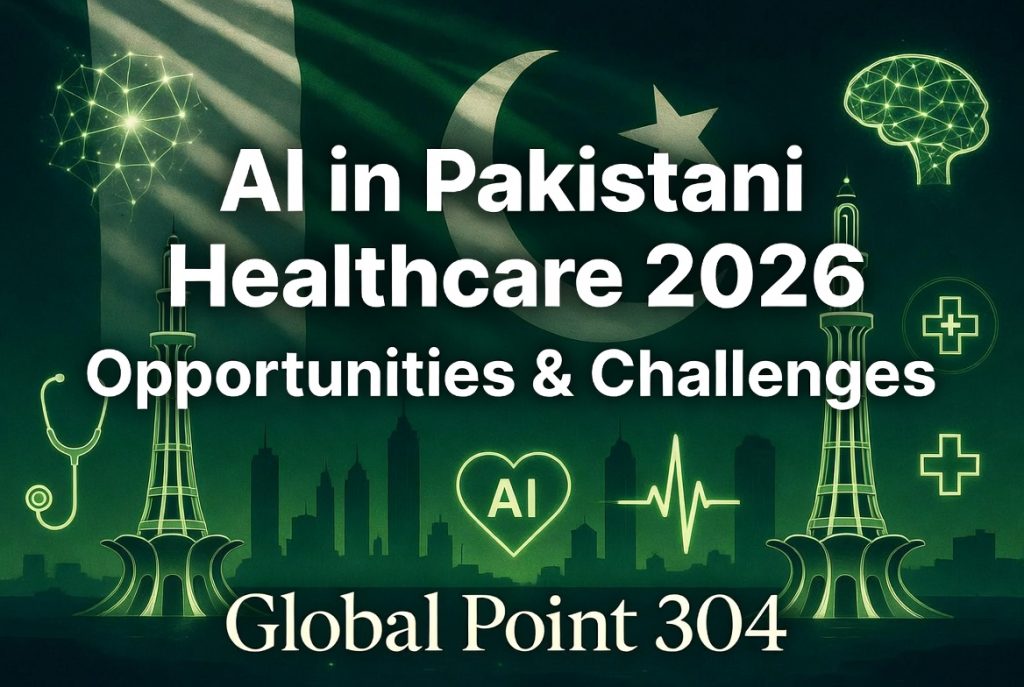 AI in Pakistani Healthcare 2026 - Opportunities and Challenges with Global Point 304, featuring Pakistan flag, Minar-e-Pakistan and futuristic AI medical technology