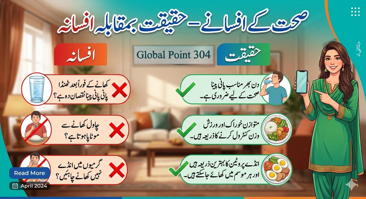 Common Health Myths in Pakistan 2026 Facts or Fiction-An educational infographic comparing common health myths and facts in Pakistan, set against a modern clinic reception background with 'GLOBAL POINT 304' written on the wall. The left side (Fiction) features myths about cold water, eggs in summer, vaccines, and evil eye amulets in Urdu. The right side (Fact) provides medical facts with clear illustrations