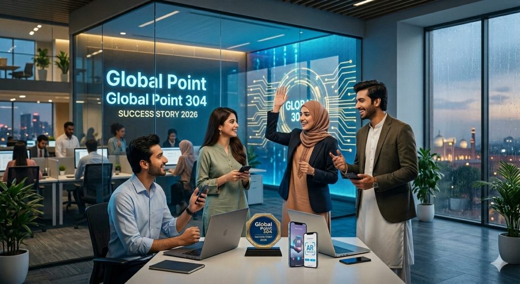 Pakistani Tech Entrepreneurs 2026- A group of successful Pakistani tech entrepreneurs celebrating in a modern IT office in 2026, with a digital glass wall displaying 'Global Point 304 - Success Story 2026' in the background