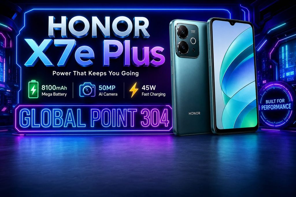 Honor X7e Plus smartphone featuring an 8100mAh battery, 50MP AI camera, 45W fast charging, and modern design – Global Point 304
