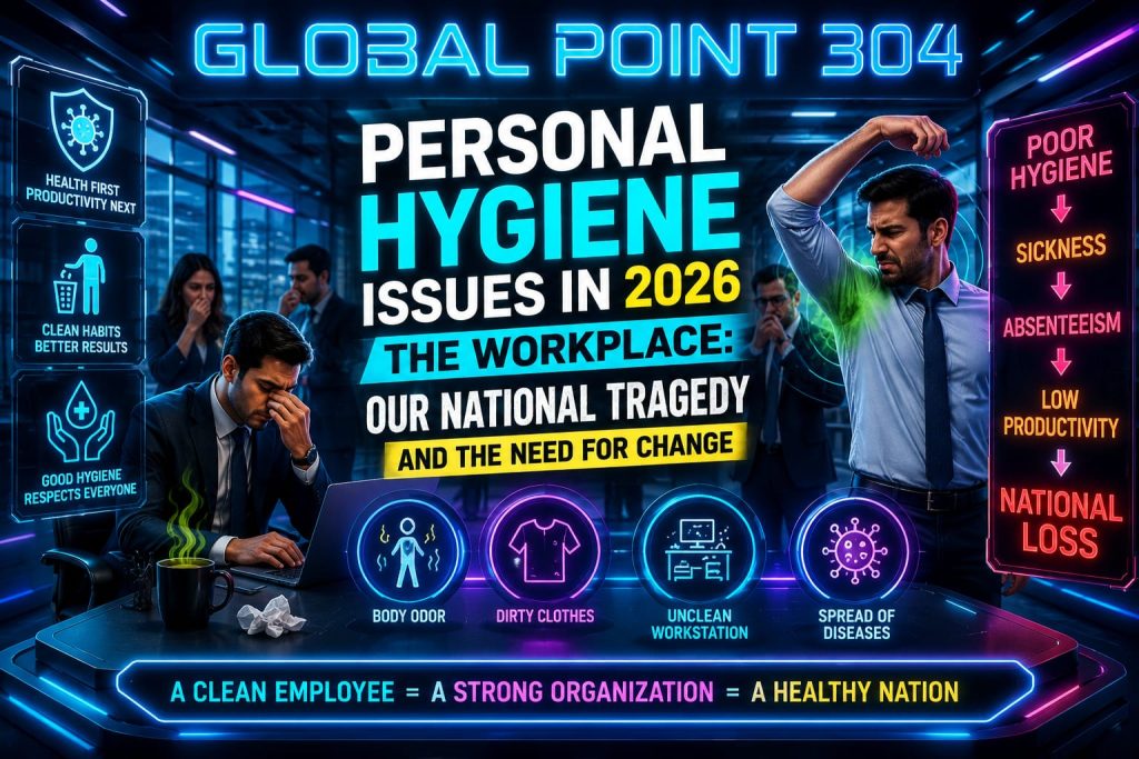Personal Hygiene Issues in the Workplace 2026 — Global Point 304 infographic showing body odor, dirty clothes, unclean workstation, and disease spread