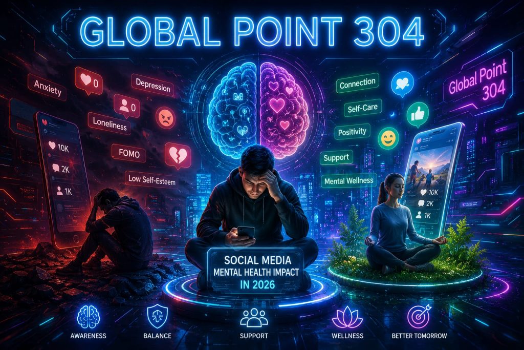 Social media mental health impact illustration showing smartphone and mind connection 2026