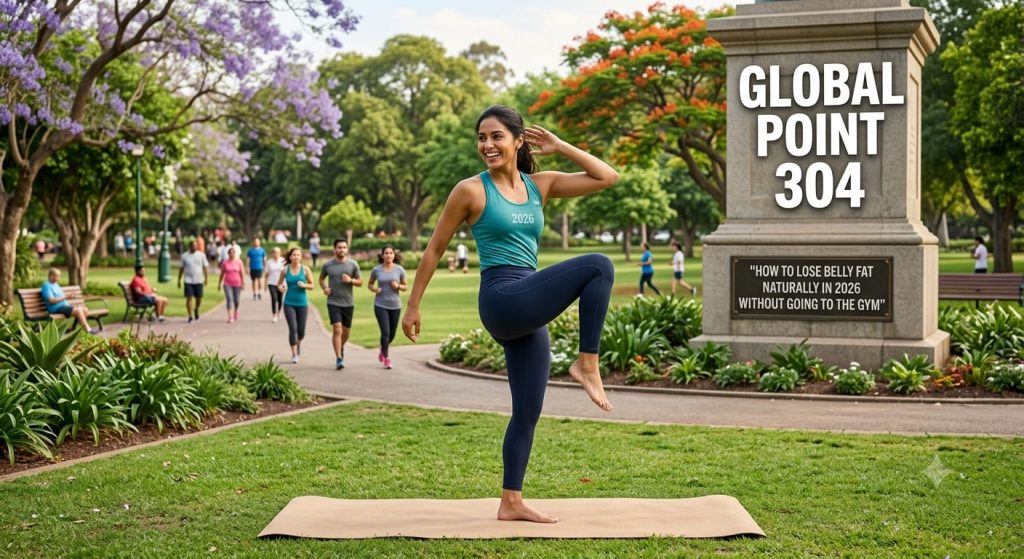 Lose Belly Fat Naturally,A fit woman in a teal tank top and dark leggings performing a high-knee exercise on a yoga mat in a vibrant public park. In the background, other people are jogging on a paved pathway surrounded by lush green trees and colorful blossom