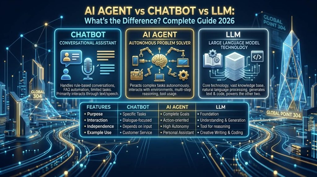 AI Agent vs Chatbot vs LLM comparison showing an AI agent, chatbot interface, and large language model in a futuristic digital environment