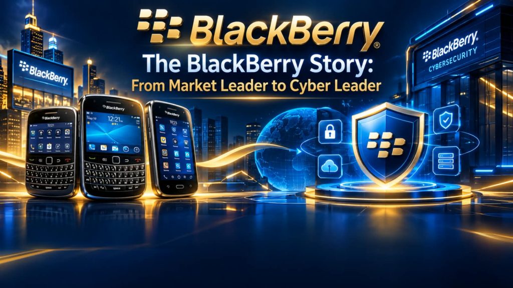 BlackBerry Success and Failure Story showing classic BlackBerry smartphones and modern cybersecurity technology