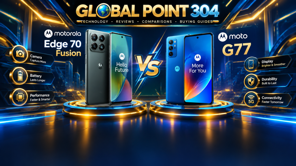 Motorola Edge 70 Fusion vs Moto G77 2026 smartphone comparison with futuristic gold and navy blue neon background