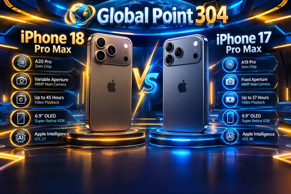iPhone 18 Pro Max vs iPhone 17 Pro Max full comparison 2026 with futuristic gold and navy blue design